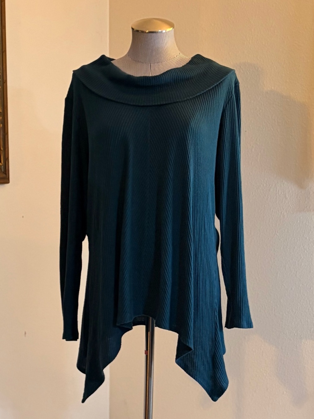 Indigo Teal Ribbed Cowl-Neck Lightweight Asymmetric Hem Sweater